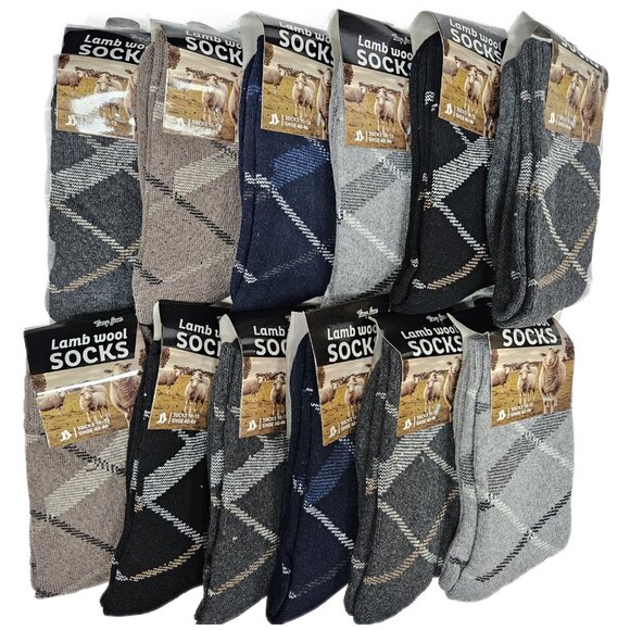Men’s Lamb Wool Warm Crew Socks 12 Pack – Plaid Print Winter Cold-Weather Hiking - Picture 1 of 4
